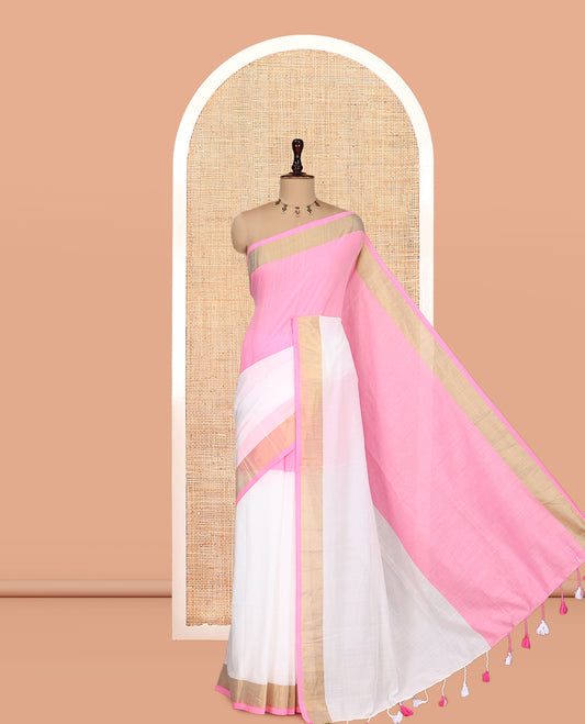 Pink Half-And-Half-Style Plain Khadi Mul Cotton Saree, a Zari Border, a Self-Pallu, and a Matching Blouse