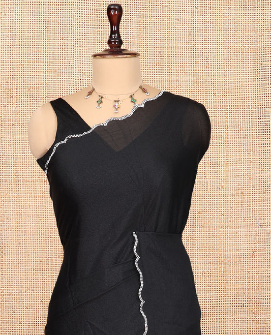 Black Plain Shimmer Satin Saree, a Scallop Stone Work Border, a Matching Blouse