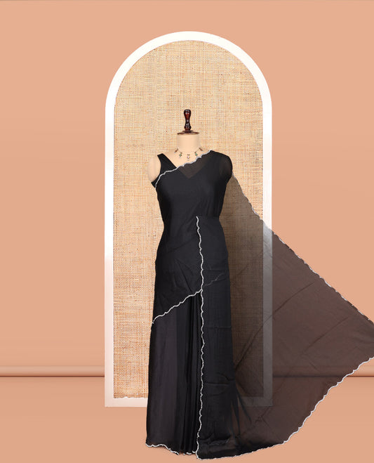 Black Plain Shimmer Satin Saree, a Scallop Stone Work Border, a Matching Blouse