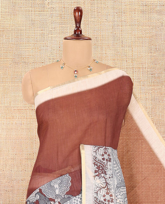 Brown Linen Cotton Saree, Embellished with Kalamkari Floral-Bird Print, Contrast Border, Kalamkari Peacock Pallu, a Contrast Blouse
