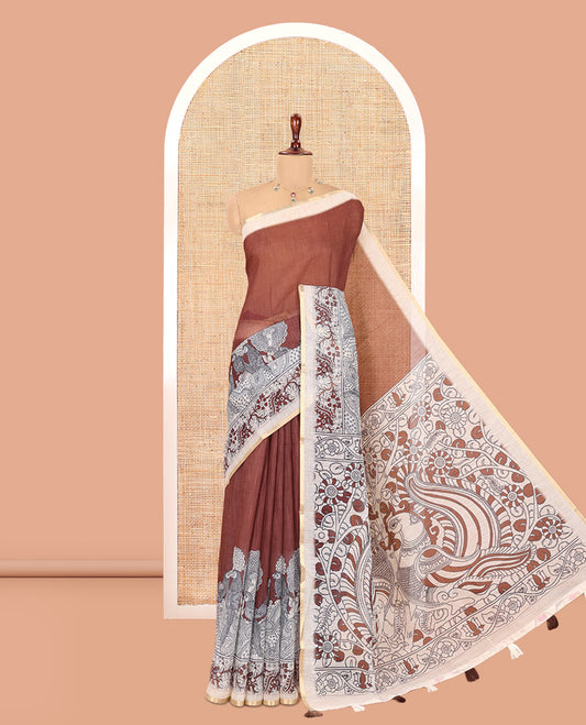 Brown Linen Cotton Saree, Embellished with Kalamkari Floral-Bird Print, Contrast Border, Kalamkari Peacock Pallu, a Contrast Blouse