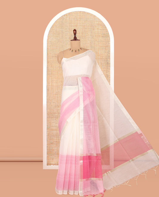 Cream Plain Nuni Cotton Saree, a Contrast Zari Border, Plain Pallu, and Contrast Blouse
