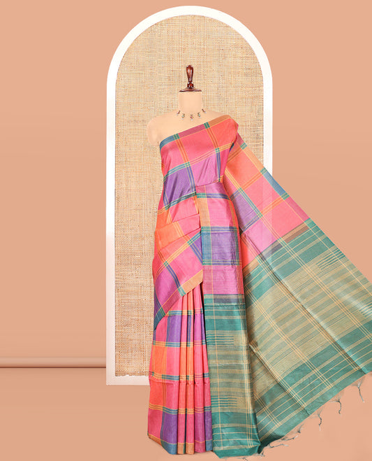 Borderless Pink Macro-Checked Katan Silk Saree, a Subtly Striped Pallu, and a Contrast Blouse