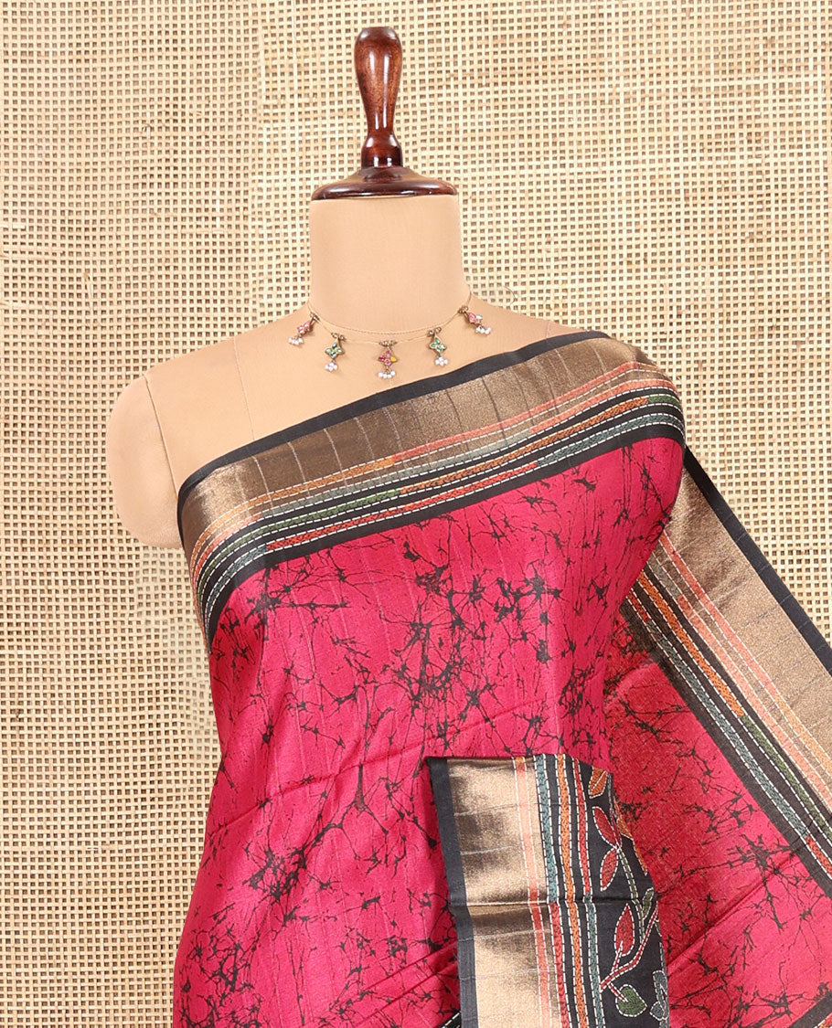 Rani Pink Katan Silk Saree, Detailed with Batik Print, a Contrast Kantha Work Border, Pallu of Floral Print and Kantha Work, and a Contrast Blouse