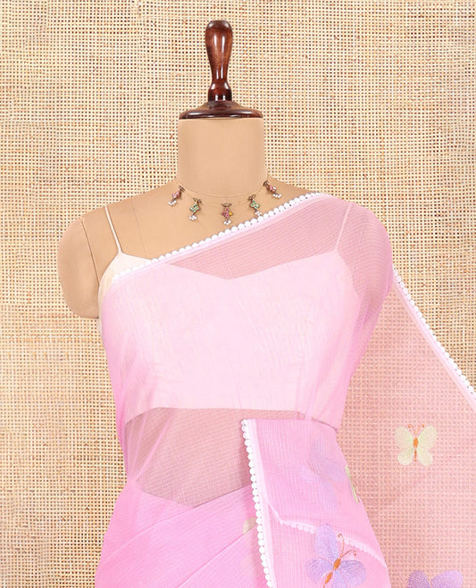 Pastel Lavender Kota Doria Saree, Delicately Woven with Butterfly Buttas, a Lace Border, a Matching Blouse