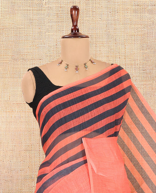 Borderless Orange Linen Cotton Saree, Accentuated with Stripes, a Self-Pallu of Stripes, and a Contrast Blouse