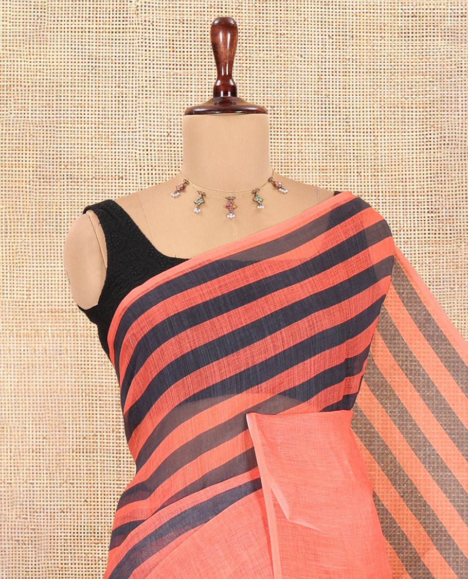 Borderless Orange Linen Cotton Saree, Accentuated with Stripes, a Self-Pallu of Stripes, and a Contrast Blouse