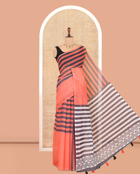 Borderless Orange Linen Cotton Saree, Accentuated with Stripes, a Self-Pallu of Stripes, and a Contrast Blouse