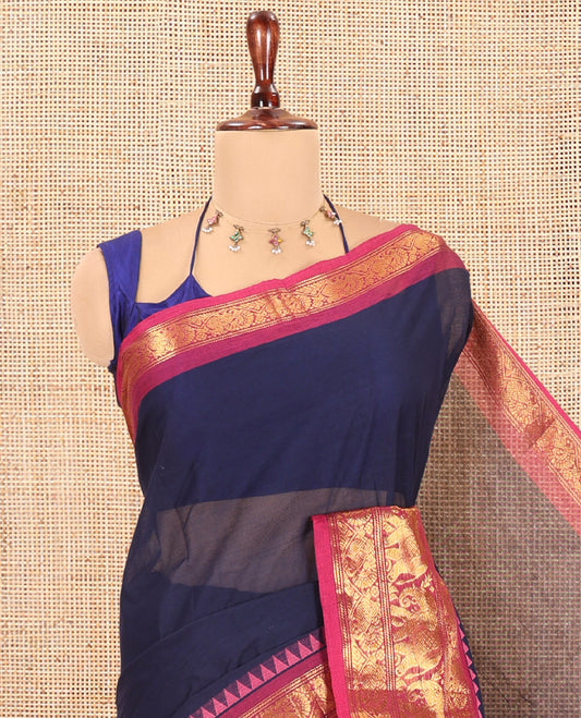 Navy Blue Plain Chettinad Cotton Saree