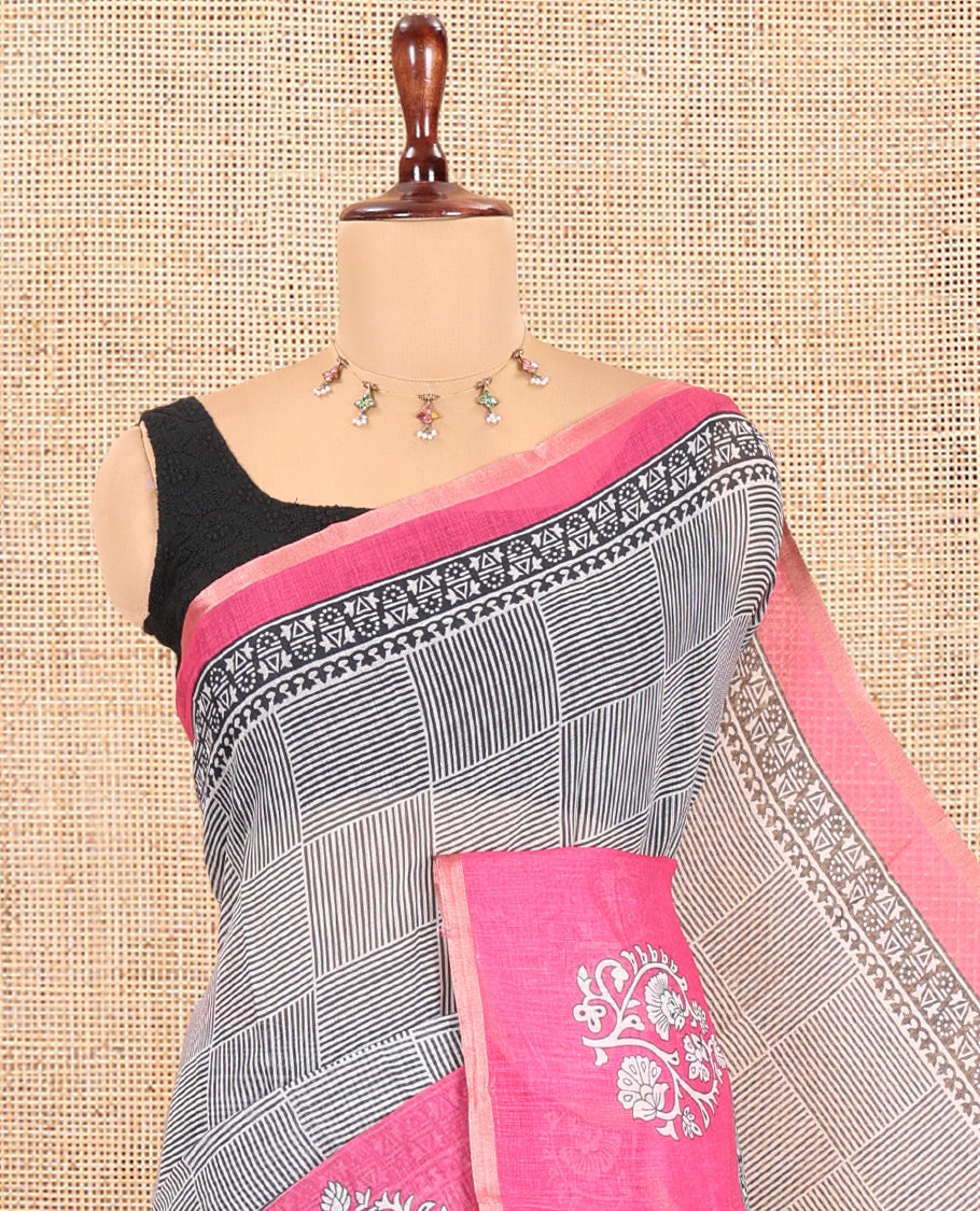 Black-Rani Pink Linen Cotton Saree