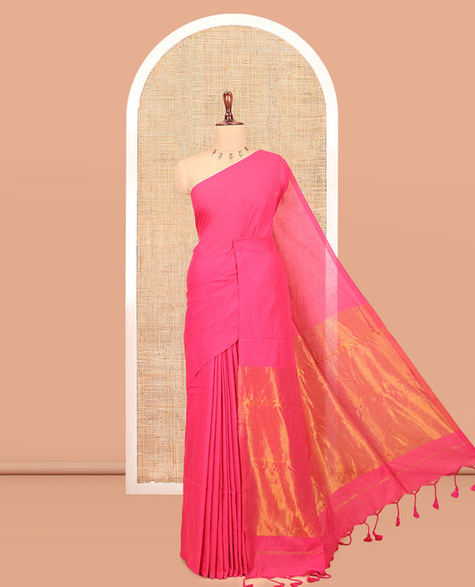 Borderless Rani Pink Plain Khadi Cotton Saree