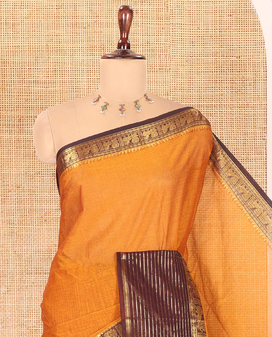 Mustard-Brown Plain Chettinad Cotton Saree