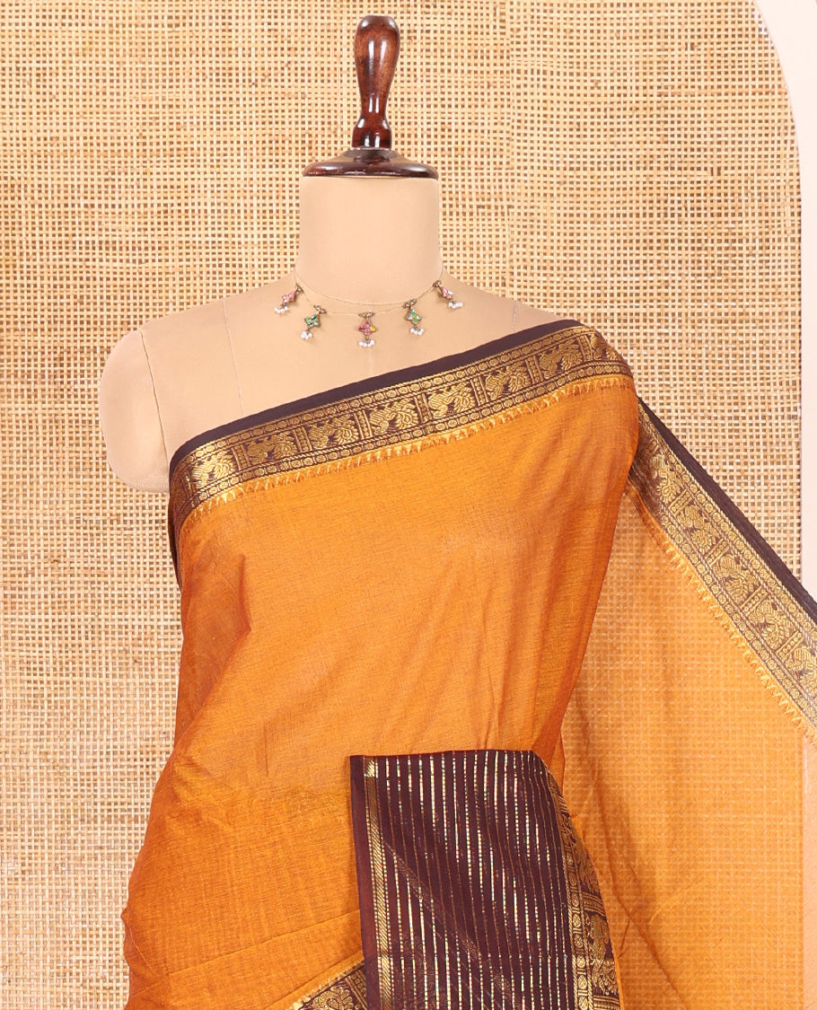 Mustard-Brown Plain Chettinad Cotton Saree