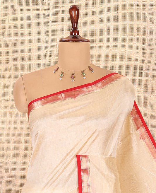 Cream-Pink Plain Art Tussar Saree