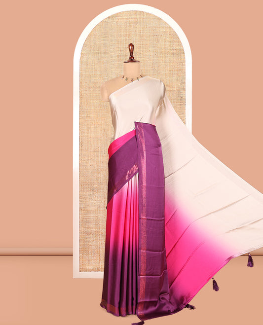 Cream-Wine Plain Ombre-Style Satin Crepe Saree