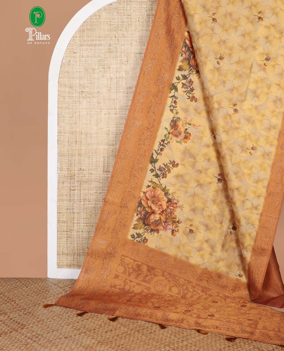 Brown zari weaving with digital printed, swarovski stone work mulberry tissue saree, jacquard, swarovski stone work border & rich weaving pallu along with butta design blouse