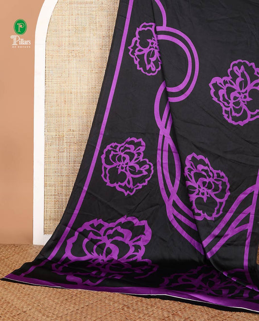 Bordeless black with violet printed design modal crepe saree & printed pallu along with plain blouse