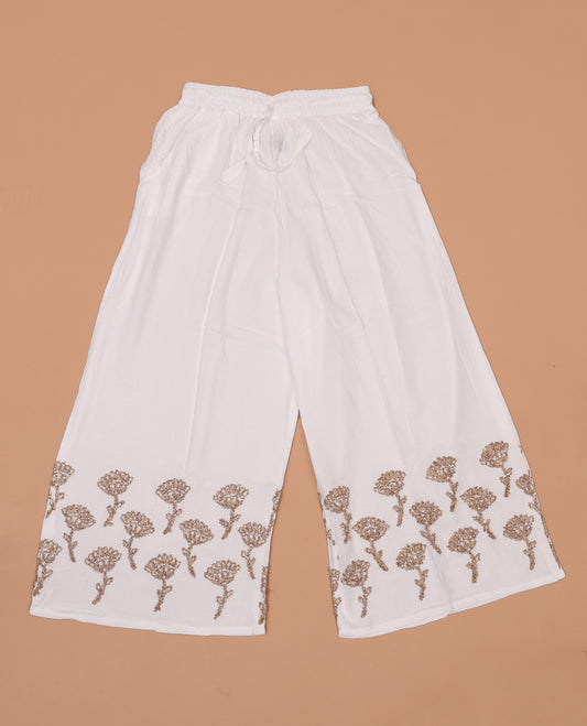 White floral motifs thread coding embroidered rayon palazzo pants