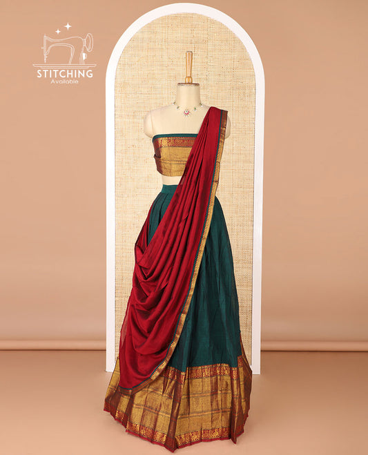 Green mercerised cotton daman zari border half saree with cotton blouse & skya georgette one side zari border dhavani