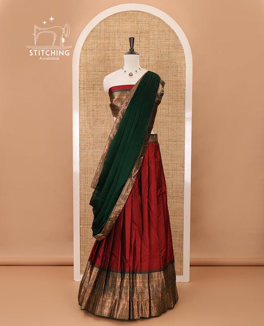 Maroon taffeta silk half-saree,plain skirt,contrast temple traditional zari border,zari design blouse & zari border georgette dhavani