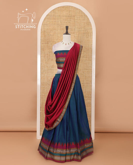 Peacock green mercedised cotton half-saree, contrast traditional resham thread border skirt, matching blouse & contrast magenta thread border georgette dhavani