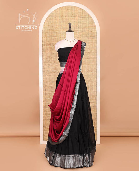 Black-magenta Mercerised cotton half-saree, plain & contrast temple geometric border skirt, matching blouse & contrast zari border Vichitra silk dhavani