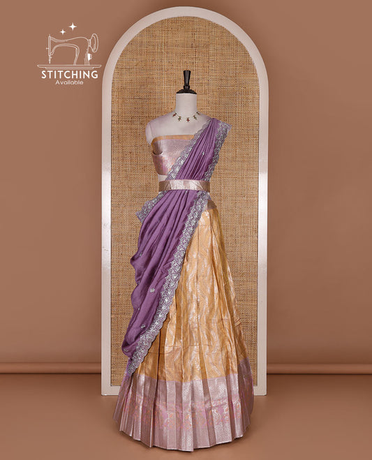 Peach-light lavender banaras tissue half saree, jacquard with contrast traditional zari bordered skirt, matching blouse, and Vichitra silk embroidered dhavani