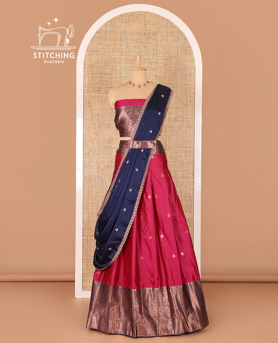 Rani pink taffeta silk half-saree, zari buttas and contrast traditional zari bordered skirt, a matching blouse, and contrast embroidered satin georgette  dhavani
