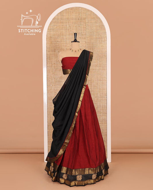 Maroon and black sungudi cotton half-saree, plain with contrast traditional zari peacock motif bordered skirt, matching blouse, and a zari bordered dhavani