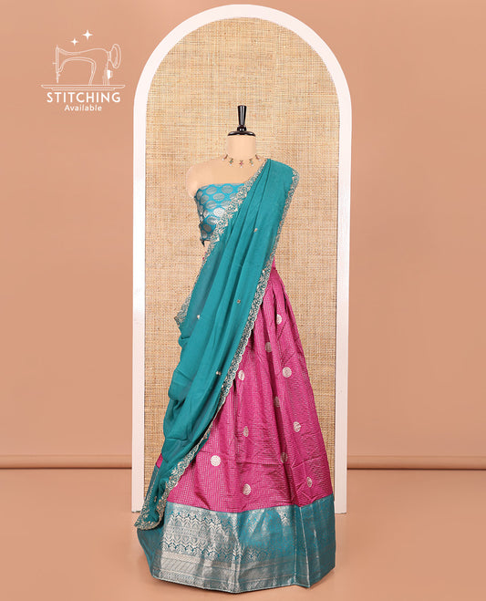 Pink and Blue Banarasi Silk Half-Saree Featuring Micro-Checks and Chakram Buttas Woven Skirt, Complemented by Contrast Traditional Zari Design Border, Paired with a Jacquard Blouse, and a Rangoli Georgette Embroidered Dhavani