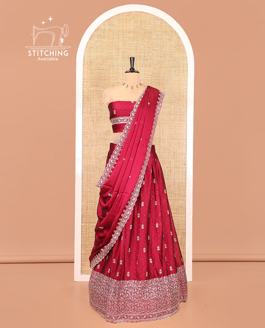 Rani Pink Georgette Half-Saree Featuring Embroidery Skirt, Floral Embroidered Border, Matching Blouse, Embroidered Dhavani