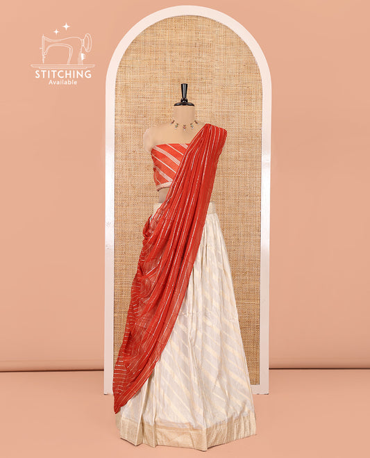 Cream-Rust Semi-Banarasi Half-Saree Features Leheriya Striped Skirt, Contrast Leheriya Striped Blouse, Georgette Striped Dhavani