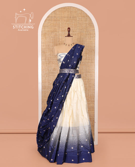 Cream-Blue Semi-Silk Half-Saree Features Flower Buttas Skirt, Contrast Border, Matching Blouse, Contrast Dhavani