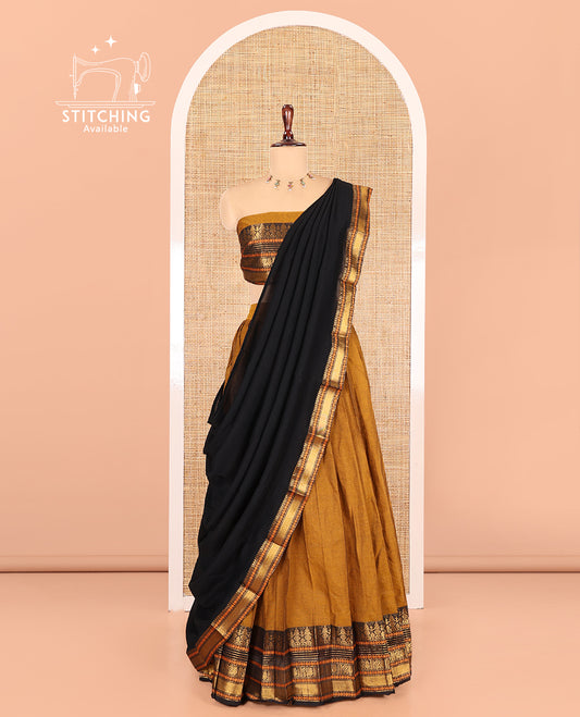 Mustard-Black Chettinad Cotton Half-Saree, Contrast Traditional Zari Bordered Skirt, Matching Blouse, and a Contrast Dhavani