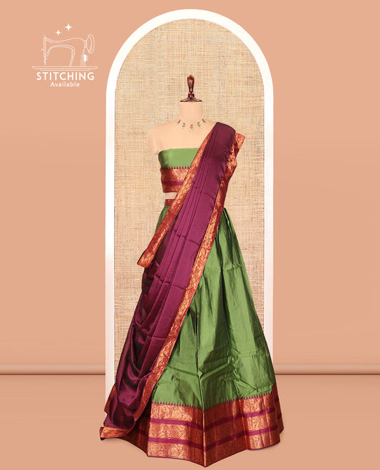 Green-Wine Semi-Banarasi Half-Saree Features Plain Skirt, Contrast Floral Creeper Zari Border, Matching Blouse, Contrast Dhavani