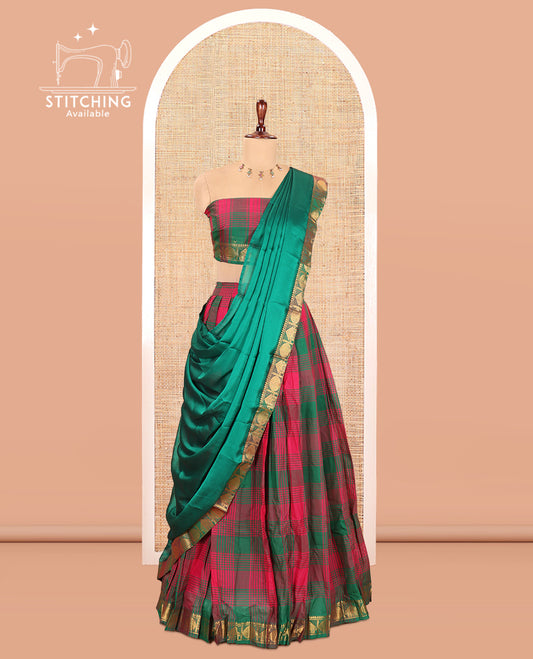 Multi-Color Checked Chettinad Cotton Half-Saree Features a House-Rudraksha Border, Matching Blouse, Contrast Dhavani