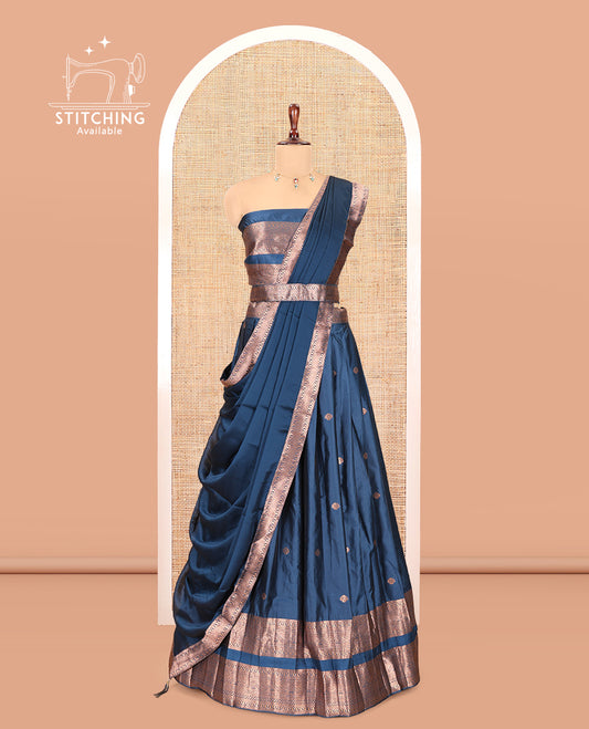 Peacock Blue Semi-Silk Half-Saree, Enriched with Zari Buttas Woven Skirt, a Rettai Pettu Traditional Border, a Matching Blouse, and Dhavani