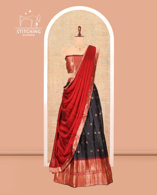 Black-Maroon Semi-Silk Half-Saree Features Zari Buttas Skirt, Contrast Traditional Zari Border, a Matching Blouse, a Contrast Blouse