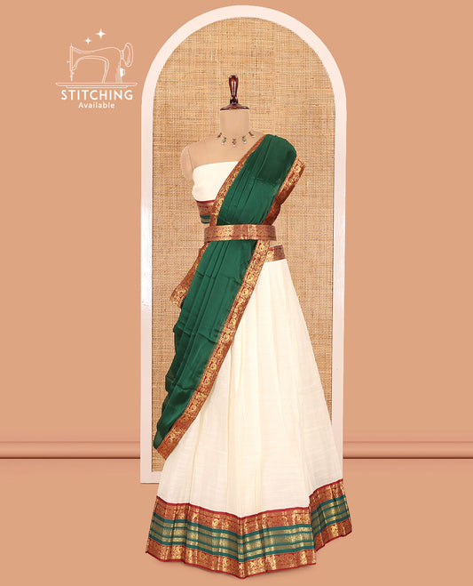 Cream-Green Semi-Silk Cotton Half-Saree