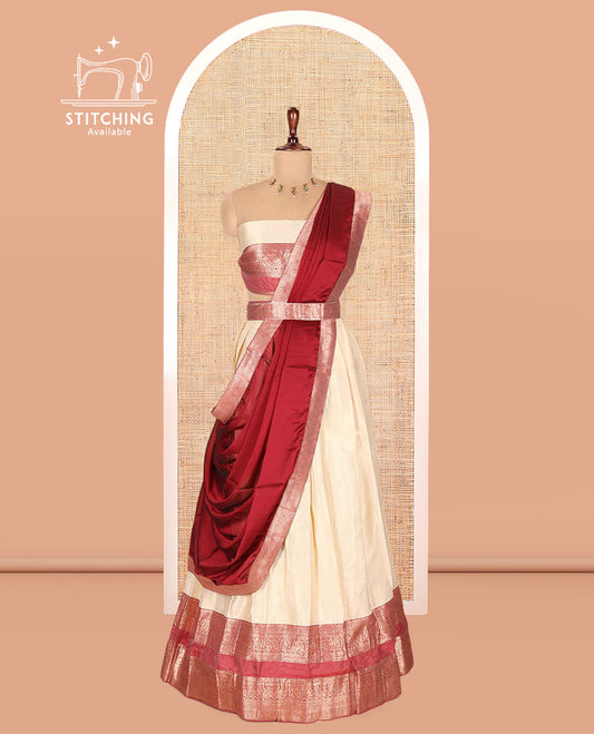 Cream-Maroon Semi-Silk Half-Saree