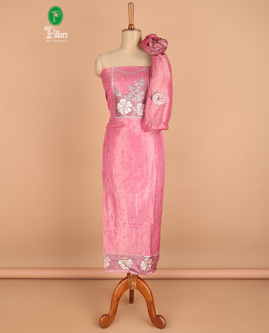onion pink chudidhar material chanderi tissue neck weaving thread, floral butta top with satin cotton pants & chanderi tissue zari weaving dupatta