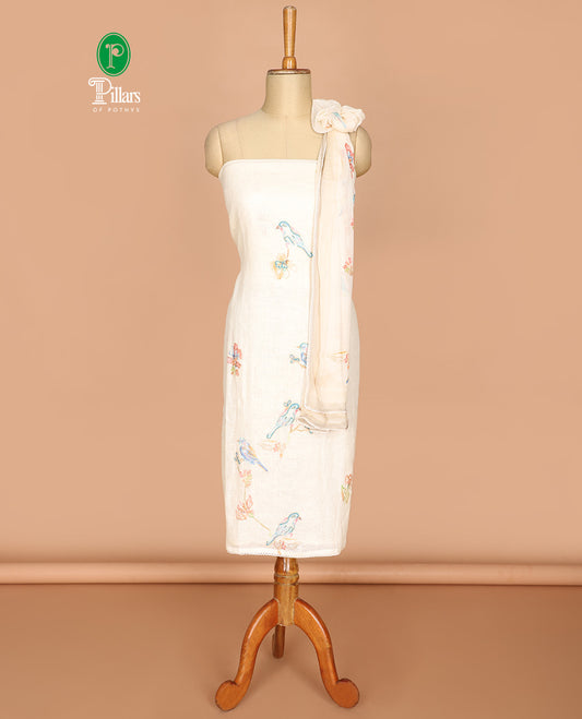 Light grey sparrow print pure linen chudidhar material top with cotton pants & pure chiffon dupatta