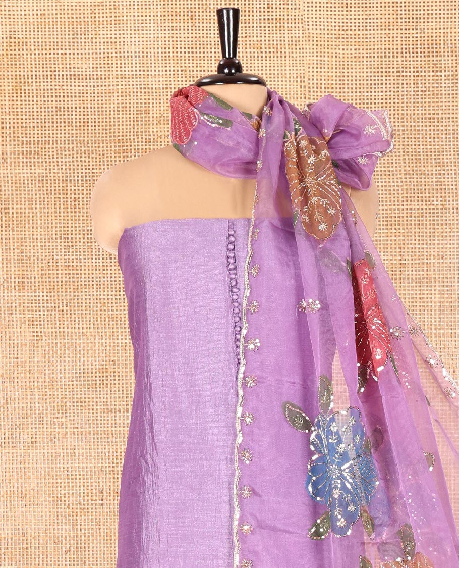 Lavender Vichitra Silk Material Chudidar Set, Accentuated with Pom-Pom Necklined Top, a Plain Santoon Bottom, and Paired Scallop Multi-Color Floral Embroidered Organza Dupatta