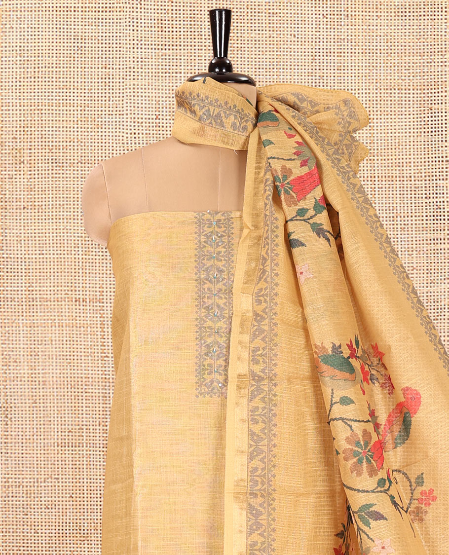 Yellow Linen Tissue Material Chudidar Set, Adorned with Paithani Floral-Parrot Design on Its Top, a Contrast Plain Bottom, and Paired with a Linen Tissue Dupatta of Floral-Parrot Print