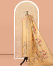 Yellow Linen Tissue Material Chudidar Set, Adorned with Paithani Floral-Parrot Design on Its Top, a Contrast Plain Bottom, and Paired with a Linen Tissue Dupatta of Floral-Parrot Print