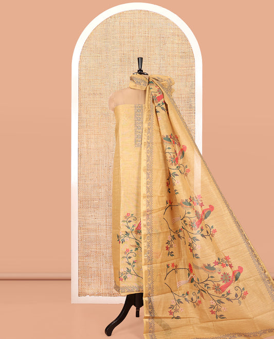 Yellow Linen Tissue Material Chudidar Set, Adorned with Paithani Floral-Parrot Design on Its Top, a Contrast Plain Bottom, and Paired with a Linen Tissue Dupatta of Floral-Parrot Print
