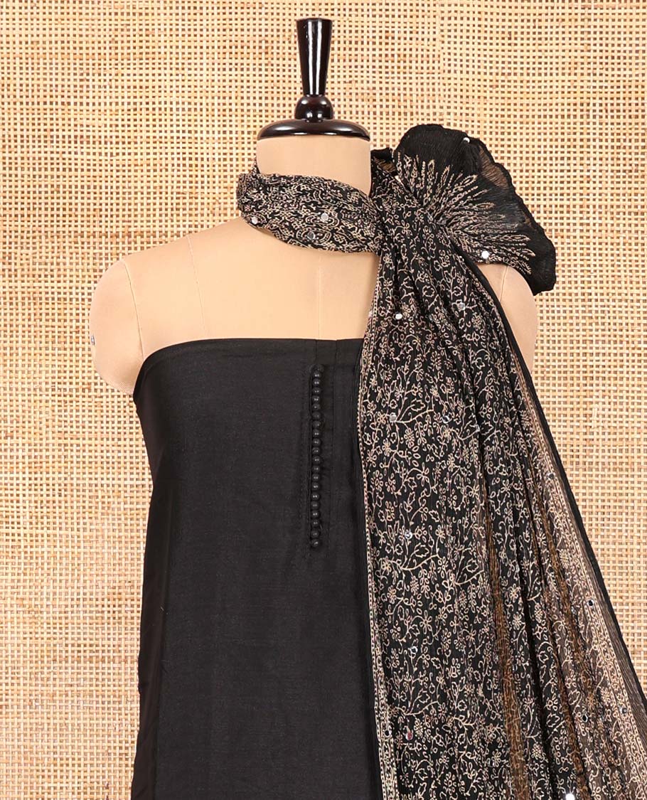 Black Material Chudidar Set, Subtly Woven with Pom-Pom Potli Neck Vichitra Silk Top, a Plain Santoon Bottom, Paired with Crushed Georgette Dupatta of Ajrakh Print and Mirror Work