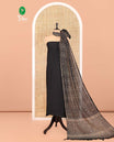 Black Material Chudidar Set, Subtly Woven with Pom-Pom Potli Neck Vichitra Silk Top, a Plain Santoon Bottom, Paired with Crushed Georgette Dupatta of Ajrakh Print and Mirror Work