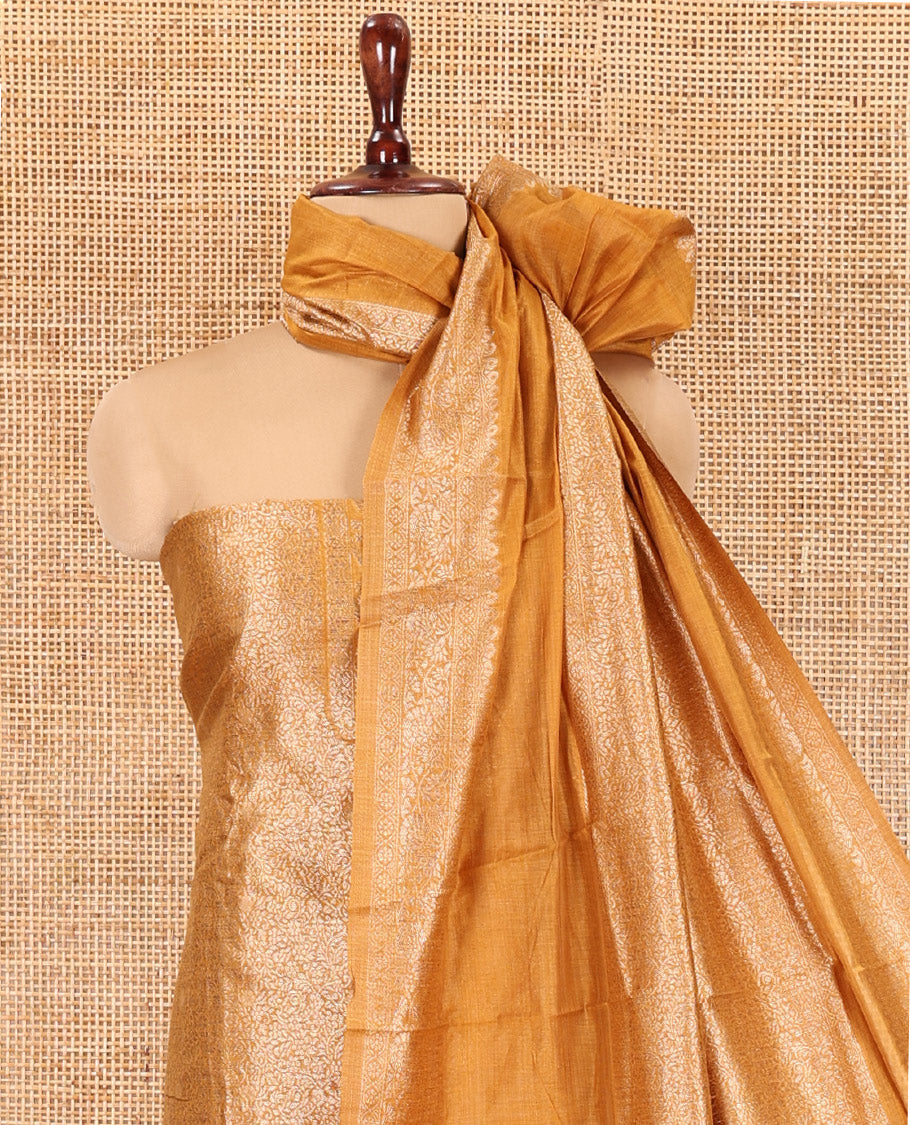 Mustard  Banarasi Material Chudidar Features Jacquard Top, a Matching Santoon Bottom, and an Intricately Designed Dupatta