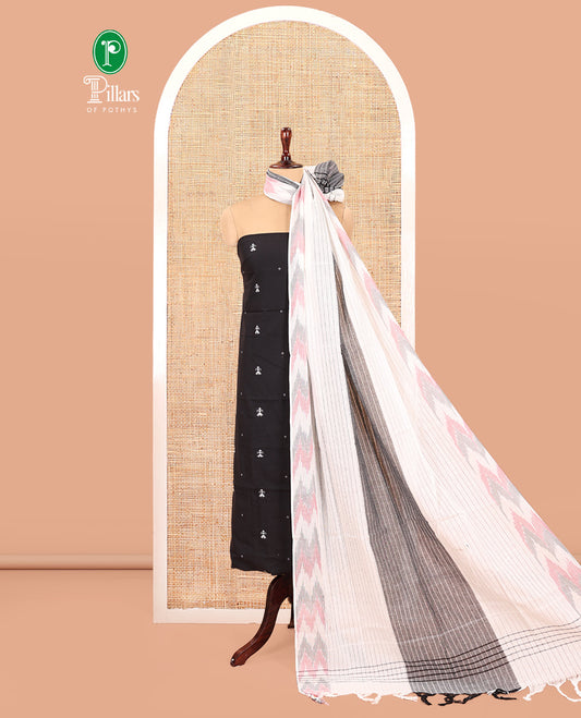 Black-Grey Handloom Cotton Material Chudidar Set, Finely Woven with Buttas Top, Contrast Striped Bottom, and an Ikat Dupatta